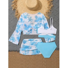 WDIRARA - Traje de baño de 4 piezas para niña con bloques de color y cobertura, traje de baño bohemio con estampado de árbol, Azul/claro, 9 Años