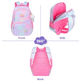 IHCEMIH School Backpack, Girls Cute Bags for Primary Secondary School Multi Pocket Casual Colorful Daypacks Childrens Travel Rucksack Elementary Book Bag Pack with Keychain Badge for Kids Teen Purple