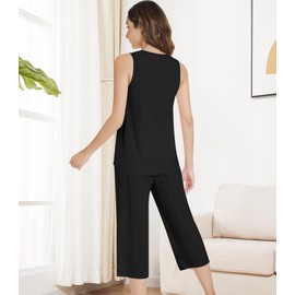 NACHILA Pajamas for Women-Viscose Made from Bamboo, Sleeveless Sleepwear Pleated Tank Top Pjs with Capri Pants Soft Pj Sets Black L