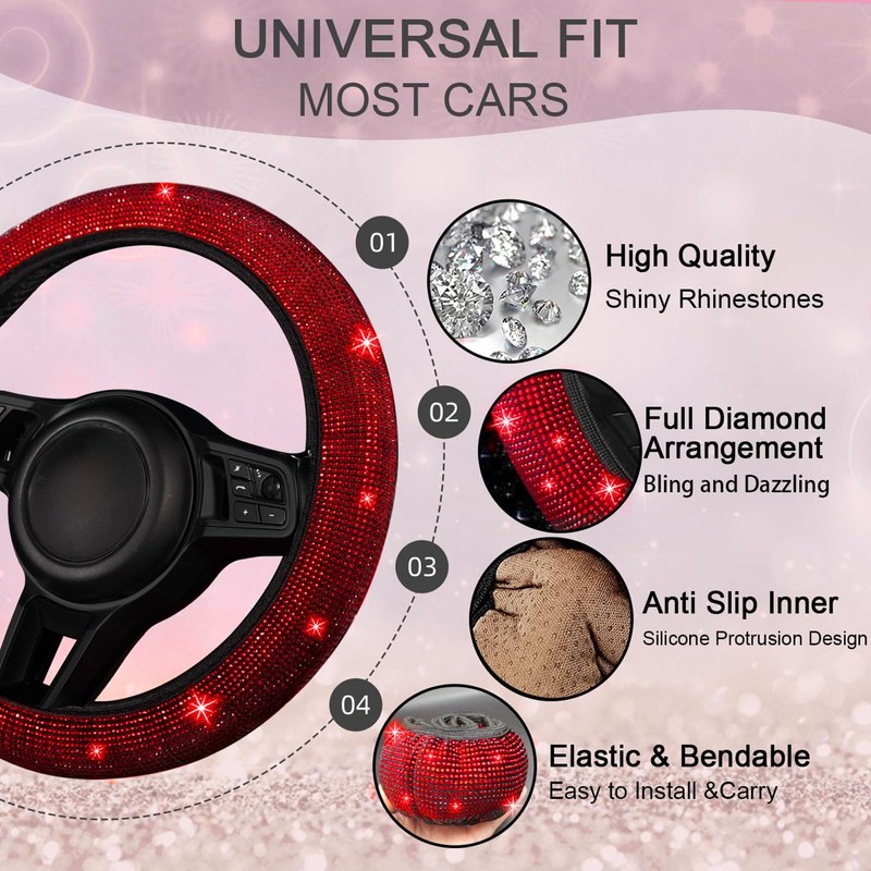 NBTEPEM 30 Pcs Red Bling Car Accessories Set for Women,