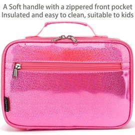 FlowFly Kids Lunch Box Insulated Soft Bag Mini Cooler Back to School Thermal Meal Tote Kit for Girls, Boys, PU-Pink