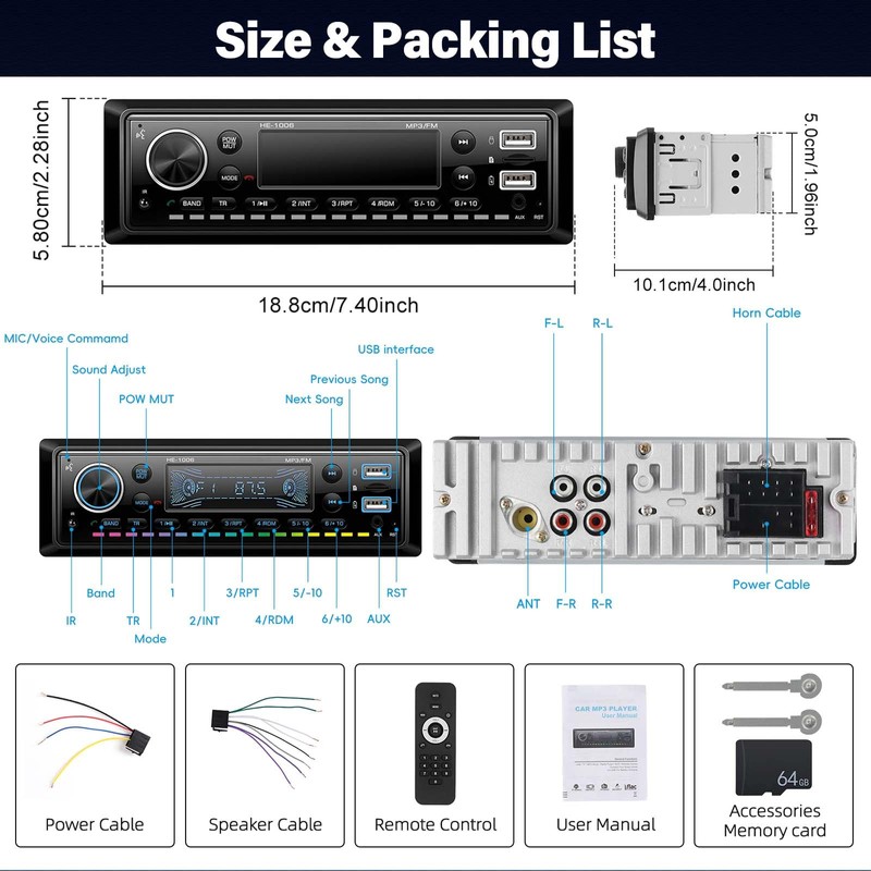 1 DIN Car Radio with Bluetooth, Single DIN Media Player