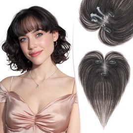 SEGO Hair Toppers for Women Real Human Hair with Wispy Bangs, 9 * 12.5 cm Hand-tied Base Invisible Edges Breathable Fluffy Clip in Top Hairpieces Add Volume -1B Brown Black
