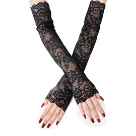 Women's Fingerless Lace Gloves, Bridal Elbow Length Gloves, Floral Lace Fingerless Glove for Operas, Evening, Weddings, Tea Parties, Balls, Costumes, Role Playing, 1920s Accessories etc. - Black