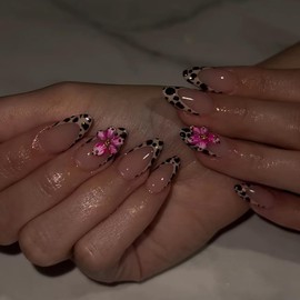 Press On Nails with Nail Glue, 3D Flower Leopard Print Camellia Tulip Designed in Glue on Nails, Fake Nails, Short Square Almond Ballet Shape for Stick On Nails on 24PCS,Alomnd Leopard Print