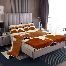 Cowhide Sheet Set Rustic Western Patchwork Comforter Cover for Kids Boys Girls Teens Cow Fur Bed Sheets Set Breathable Black Brown Animal Skin Pattern Bedding Set Room Decor Full Size