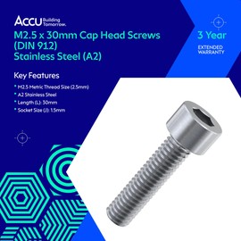 Accu - M2.5 x 30mm Cap Head Screws (DIN 912) - Stainless Steel (A2) (Pack of 20)