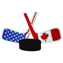 Hockey Sticks Patch, Hockey US & Canada Flag Patch Embroidered Iron on Sew on Patch Badge for Clothes etc. 10x5cm (with Puck)
