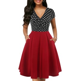 oxiuly Women's Cap Sleeve Casual Summer Dress Cross V Neck A-Line Graduation Party Tea Dresses with Pockets OX296 (S, BkDo-Red)