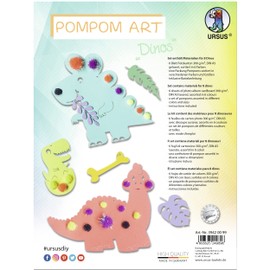 Ursus 43500009 Pompom Art Dinos, Craft Set with 6 Sheets of Photo Card Assorted in 6 Different Colours, DIN A4, 300 g/m², with Glittering Pompoms, for a Total of 8 Dinosaurs, Includes Craft