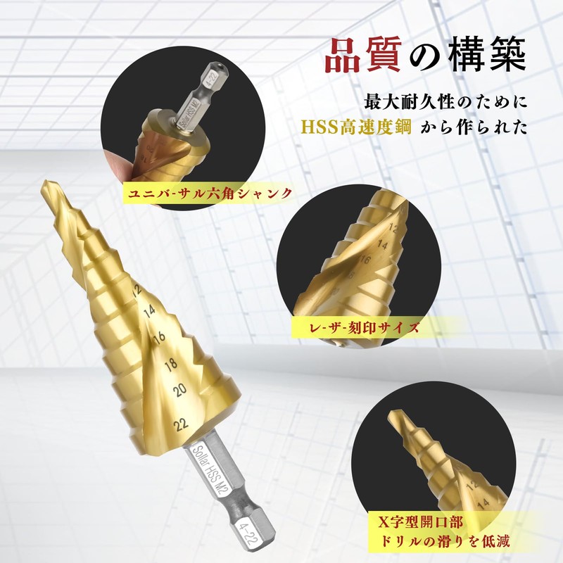 Sollar Step Drill, 3 pcs, Spiral Hexagonal Shaft Drill, Industrial