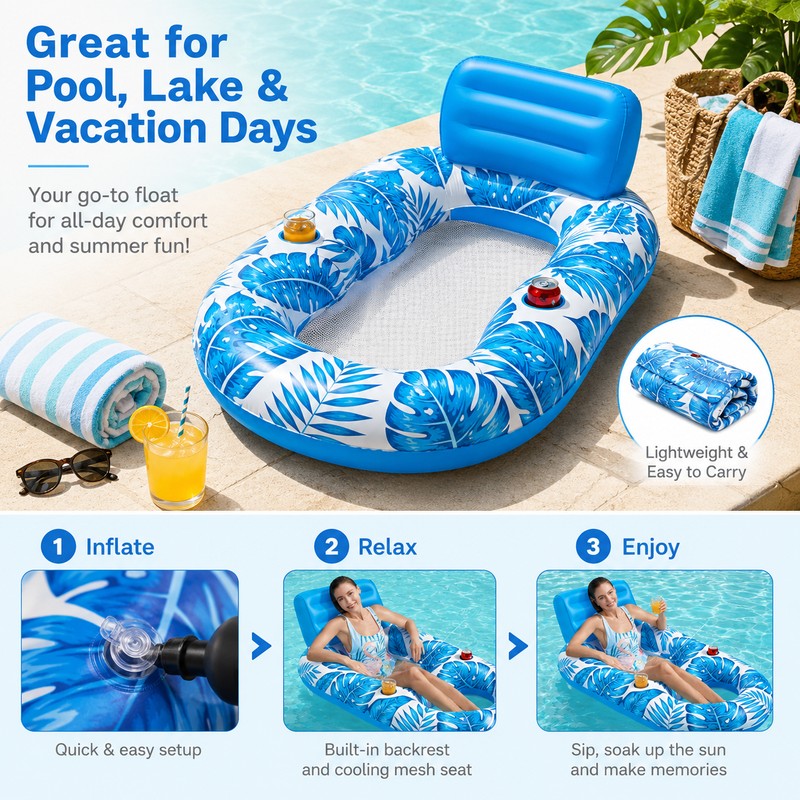 Adult Inflatable Pool Lounger for Swimming – Cooling Mesh Seat,
