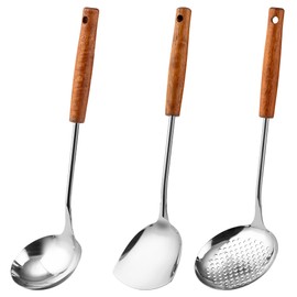 FJNATINH Wok Spatula,Ladle,Skimmer Ladle Tool Set,Mirror Polished Stainless Steel Cooking Utensils 14.6-15.2" Kitchen Utensils Cookware, Pack of 3