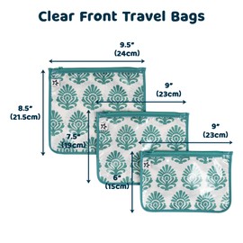 Tiny Twinkle Mess-proof Travel Bags, Airline Compliant, Zipper Closure, Clear Front Pouch, Diaper Bag Packing, Toiletry or Cosmetics Organizer 3 Pack Set (Peacock)