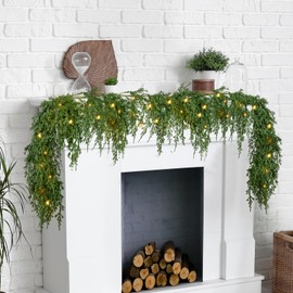 9ft Pre-lit Christmas Garlands Dragon Juniper Leaves, Real Touch Artificial Faux Greenery Garland for Mantle, Table, Wall, Indoor, Outdoor Christmas Decorations with Strip Lights