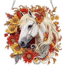 MEIYUDA Horse Diamond Painting Hanging Kit, 5D Flowers Horse Diamond Art Ornament, Special Shape Rhinestone Acrylic Pendant for Home Garden Wall Decor and Presents 19x19cm