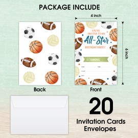 LWBEO 20 Birthday Invitation Cards With Envelopes， Happy Birthday Celebration Invitation for Boys or Girls,All Star Sports Birthday Party Supplies -A47