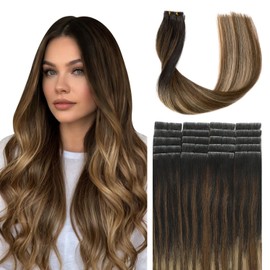 SURNEL Injected Tape in Hair Extensions 22 Inch Natural Black to Medium Brown and Bleach Blonde Natural Real Hair Extension Upgraded Seamless Remy Invisible Skin Weft Straight 20 Pcs 50g(#1B427-22)