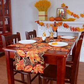 Simhomsen Embroidered Buffalo Checkered Maple Leaves Table Runner for Thanksgiving, Autumn Harvest Decorations (14 × 69 inches)