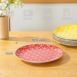 AntoKueh Dinner Plates 10.5 inch Ceramic Dessert Plate Set of 6, Large Size Porcelain Plates for Kitchen,Pizza,Pasta,Dishwasher Safe,Assorted Colorful
