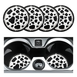 ZNDAW 2 PCS Cow Print Car Cup Coaster, 2.76 Inch Anti-Slip Shockproof Vehicle Cup Holder Insert Coaster, Bling Rhinestone Drink Mat Waterproof Pad Interior Decor for Women Men (Cow Print)
