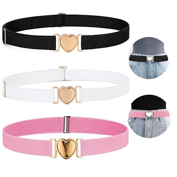 BVSRCP Pack of 2 Belts for Girls and Boys, Children's Elastic Belt, Adjustable, Fashion Belt, Adjustable with Heart Buckle, for Girls, Children's Belt, Boys Jeans, Trousers Dress Girls, black