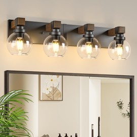 Farmhouse Bathroom Vanity Light Fixtures, 4-Light Wood Bathroom Light Fixtures Over Mirror, Rustic Sconces Wall Lighting with Glass Shade for Liveroom, Bedroom, Hallway