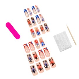 LBPEPAMZ 24Pcs Independent Day Fake Nails Medium Square Press on Nails with Flower Coconut Tree Design 4th of July USA Flag French Tip False Nails Spring Summer Acrylic Glue on Nails for Women Decor