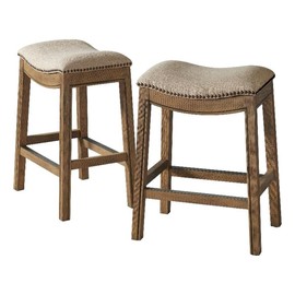 Alaterre Furniture Williston Counter Height Stool, Set of 2, Natural Rubberwood Frame, Wire Brush Finish, Linen-Like Fabric Upholstery, Backless Saddle Seat, 20 in. W x 14 in. D x 26 in. H