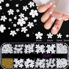 3D White Flower Nail Stickers Charm Decoration Decals 12 Grids Nail Flower Pearl Gold Caviar Beads Glitter Design Acrylic Nails Supplies Stickers for Women Floral Manicure Tips DIY Accessories Craft