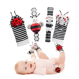 Infinno Juego de calcetines y pulseras de sonajero para bebés de alto contraste, regalo ideal para recién nacidos de 0 a 12 meses, juguetes en blanco y negro para niños y niñas como regalos de baby shower