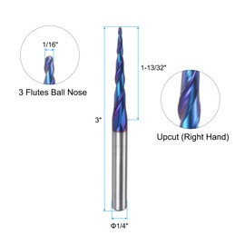 sourcing map Tapered Ball Nose End Mill CNC Router Bit, 1/32" Radius 1/4" Shank Solid Carbide Nano Coated Upcut Spiral 3 Flutes Cutter Milling Tool, 1/16" Dia 3" Total Length