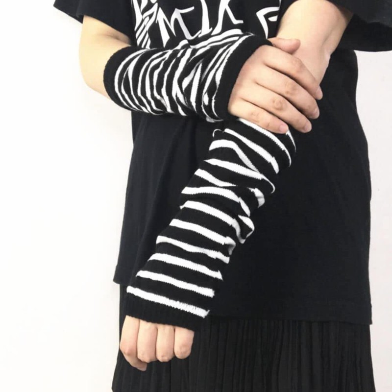 Ro Rox Gothic Striped Arm Warmers Fingerless Thumb Hole Elbow