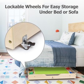 Kid's 3 in 1 Rolling Wooden Activity Table, Versatile Building Bricks Play N Train Unit, Toddlers Construction Game Desk w/Lockable Wheels, Easy Under Bed or Sofa Storage (Natural+Greenbase)