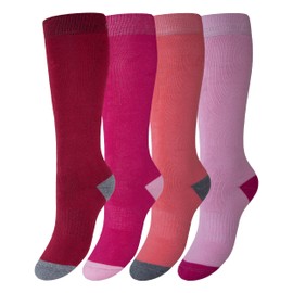 OCERA Children's Thermal Knee Socks, 4 Pairs of Winter Socks for Girls and Boys, with Inner Terry Cloth and Breathable Cotton Wool, for Skiing, Snowboarding and Hiking, 4 x pink, burgundy, salmon