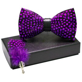 RBOCOTT Mens Handmade Feather Pre-tied Bow tie and Brooch Sets (purple)