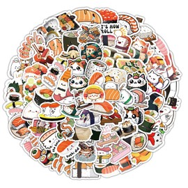 Sushi Stickers 100 Pcs Vinyl Aesthetic Onigiri Stickers for Water Bottle Skateboard Car Laptops Guitar Scrapbook Luggage Phone Helmet,Waterproof Funny Food Sticker for Adult Girl Kids