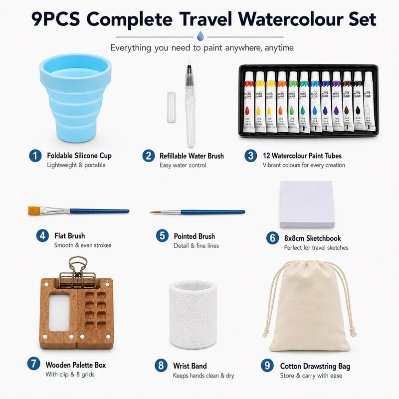 9PCS Travel Watercolour Set,Mini Watercolour Paint Set Travel WoodenPalette