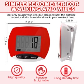 Copkim 4 Pcs Pedometers for Walking Step Counter Step Tracker Steps and Miles LCD Counters Portable Clip on Pedometers for Seniors Women Jogging Hiking Running Walking(Red)