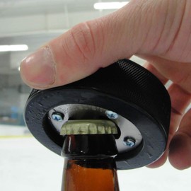 The PuckOpener Hockey Puck Bottle Opener, Made from a Real Puck, Magnetic Cap Catcher, Drink Coaster