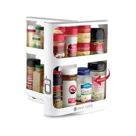 Cabinet Caddy (White | Pull-and-Rotate Spice Rack Organizer | 2 Double-Decker Shelves | Modular Design | Non-Skid Base | Stores Prescriptions, Essential Oils | 10.8" H x 5.25" W x 10.8" D