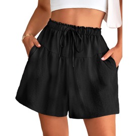 PRETTYGARDEN Womens Shorts 2025 Summer Drawstring Ruffle Elastic High Waist Solid Color Casual Beach Shorts with Pockets(Black,Large)
