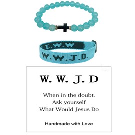 WWJD Braided Rope Bracelet Cross Crystal Beaded Bracelet Set With Matching Card What Would Jesus Do Religious Christian Faith Jewelry for Women Men-Blue