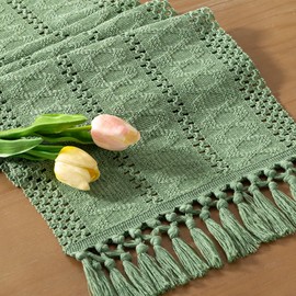 Socomi Sage Green Boho Table Runner Summer Farmhouse Rustic Dining Kitchen Centerpiece Decor Small Macrame Woven Cotton Linen Coffee Table Runner for Dresser Scarf Home Decor 12x48 inch