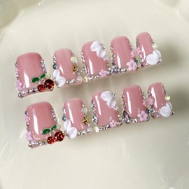 Handmade Press on Nails Medium Almond Fake Nails Nude Summer 3D False Nails Luxury Rhinestone Cherry Glitter Cute Flower Full Cover Stick on Nails Acrylic Nails for Women Girls (Rhinestone Cherry M)