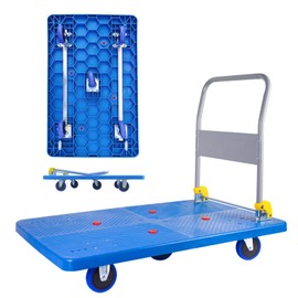 Doppy Flatbed Cart, 1320lbs Heavy Duty Capacity Platform Hand Truck 360 Degree Swivel Wheels Foldable Push Hand Cart for Loading and Storage, Warehouse (Blue)