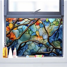 WBQMUNY Stained Glass Window Film,Frosted Glass Window Film for Home Bathroom Window Coverings Static Cling Non-Adhesive 17.7"x39.5" (BH071)