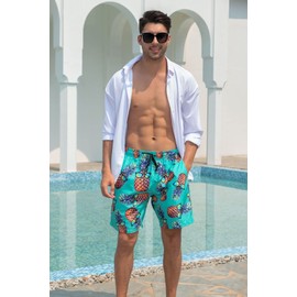 Pineapple Swim Trunks for Men 3D Print Green Orange Ananas Stretchy Waist Long Board Shorts with Drawstring Young Man Tropical Hawaiian Vacation Swimwear Knee Length Fashion Beachwear, Tie Dye L