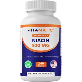 Vitamatic Niacin (Vitamin B3) 500mg, Sustained Release, 240 Tablets - Non-GMO & Gluten Free