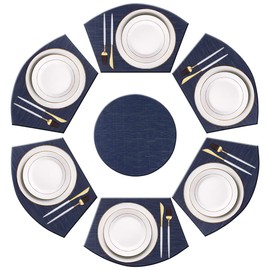 PIGCHCY Wedge Shaped Placemats Set of 6 with Centerpiece Round Mats Washable Kitchen Placemats Heat-Resistant Table Mats (Navy Blue)